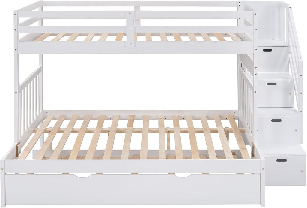 Harper & Bright Designs Stairway Twin Over Full Bunk Bed with Twin Size Trundle and Drawers, Solid Wood Bunk Bed Staircase Can be Placed on The Left or Right Side (White)