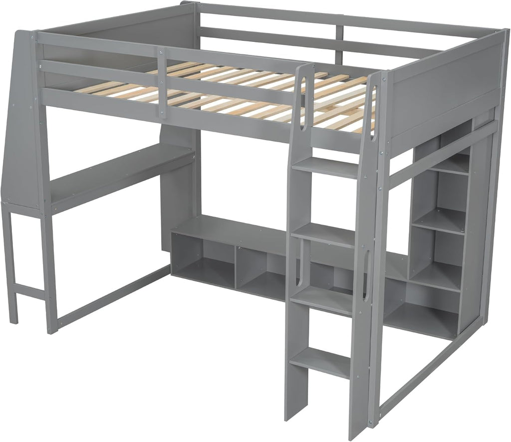 MERITLINE Full Gaming Loft Bed with Desk and Storage,TV Stand & LED RGB, Solid Wood Gaming Bed with Storage Shelves,TV Cabinet and Clothes Rack, for Adults Teens (Grey,Full)