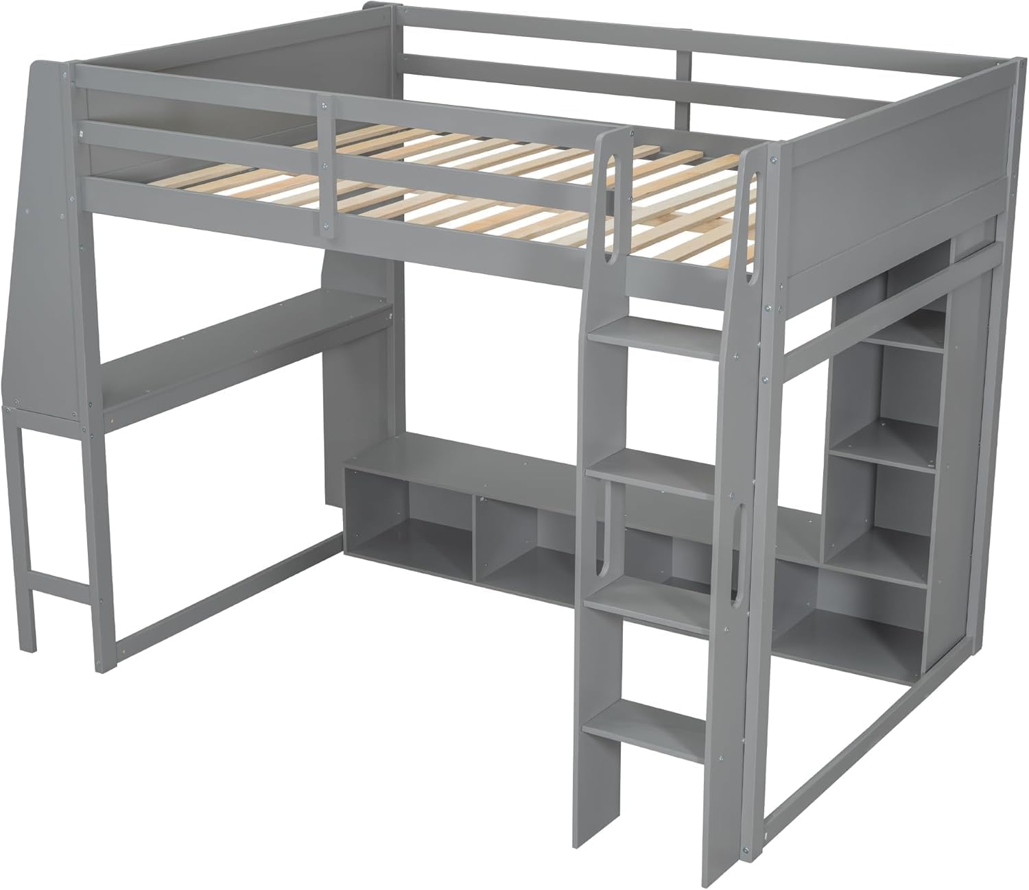 MERITLINE Full Gaming Loft Bed with Desk and Storage,TV Stand & LED RGB, Solid Wood Gaming Bed with Storage Shelves,TV Cabinet and Clothes Rack, for Adults Teens (Grey,Full)