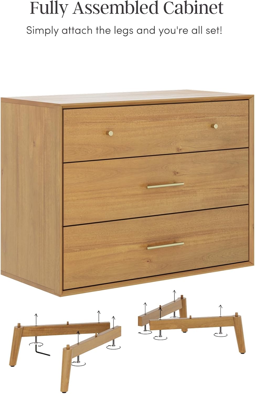 Nathan James Harper Mid Century Modern Dresser, Solid Wood Dresser for Living Room with 3 Drawers and Metal Drawer Pulls, Light Acacia