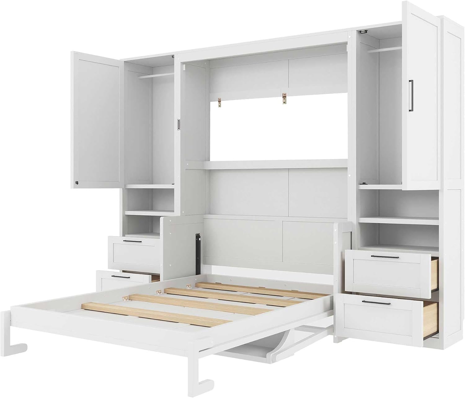 Merax Full Size Murphy Bed with Desk, Closet, Drawers and Shelves, Multifunctional Foldable Wood Platform Bed Frame for Small Spaces Studio Study Office Guest Room, Space-Saving Design, White