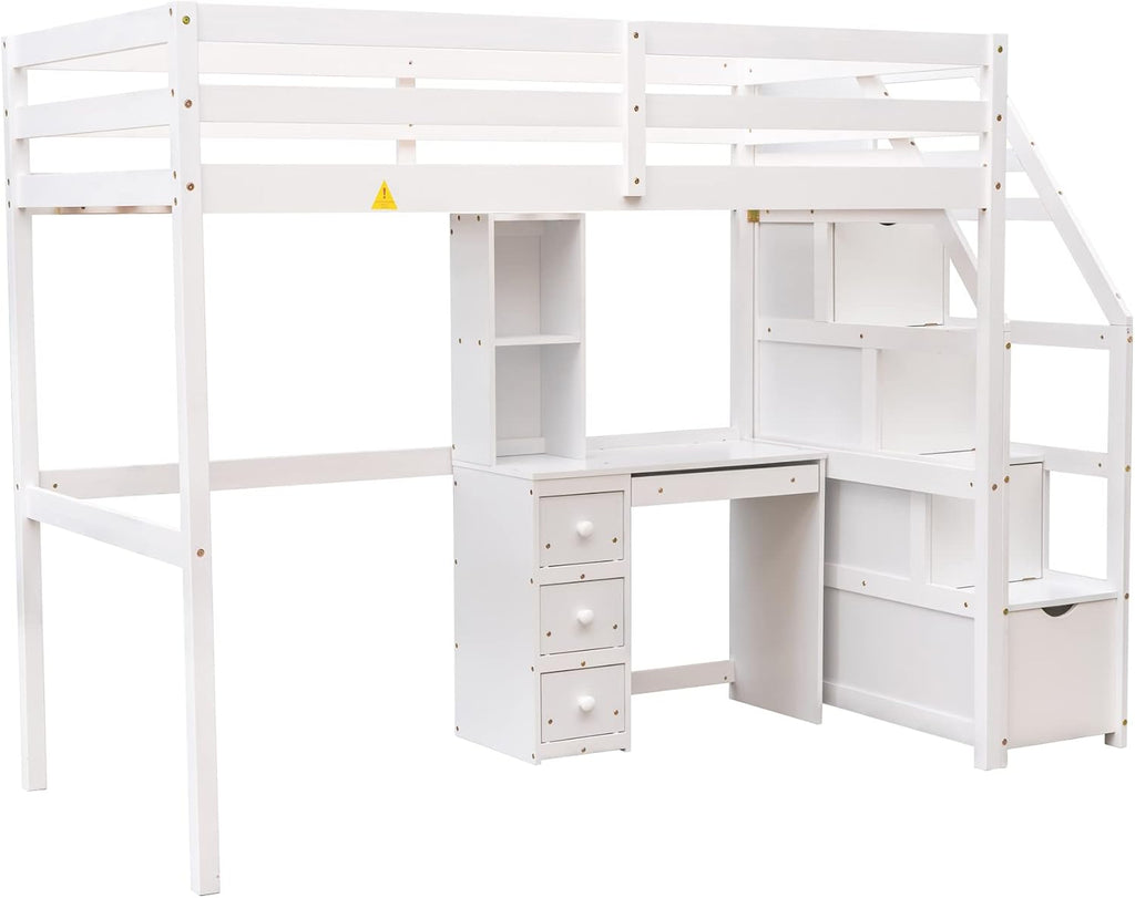 Harper & Bright Designs Twin Over Twin Bunk Bed with Desk, Heavy Duty Wood Loft Bedframe W/Shelves,Easy Assembly,Versatile Functional Bedroom Furniture Set for Boy Girl Teens,White