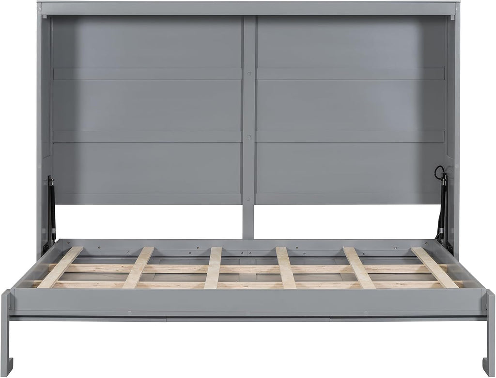 Harper & Bright Designs Full Size Murphy Bed, Wooden Full Murphy Wall Bed Frame with a Set of Sockets & USB Ports, Gray