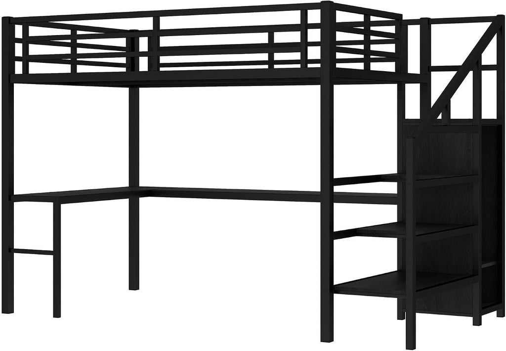 Full Size Metal Loft Bed with Desk and Wardrobe,Heavy Duty Loft Bed Frame with Storage Stairs,LED Lights and Charging Station for Kids,Teens,Adults,Space Saving,Full Size,Black