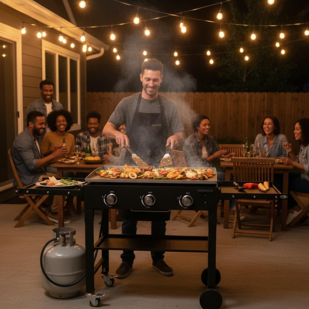Alpine Cuisine Cast Iron Griddle & 3 Burner Gas Grill Combo, Outdoor Cooking Station with Side Shelves & Wheels | 67' x 24' x 35'