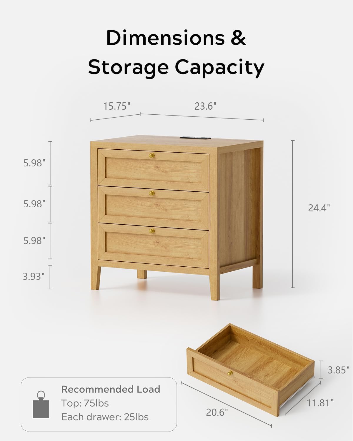 EYYTHUNG 3 Drawer Nightstand with Charging Station, Farmhouse Large Bedside End Table with Storage Drawers, Modern Wood Night Stand for Sofa, Bedroom, Natural Oak