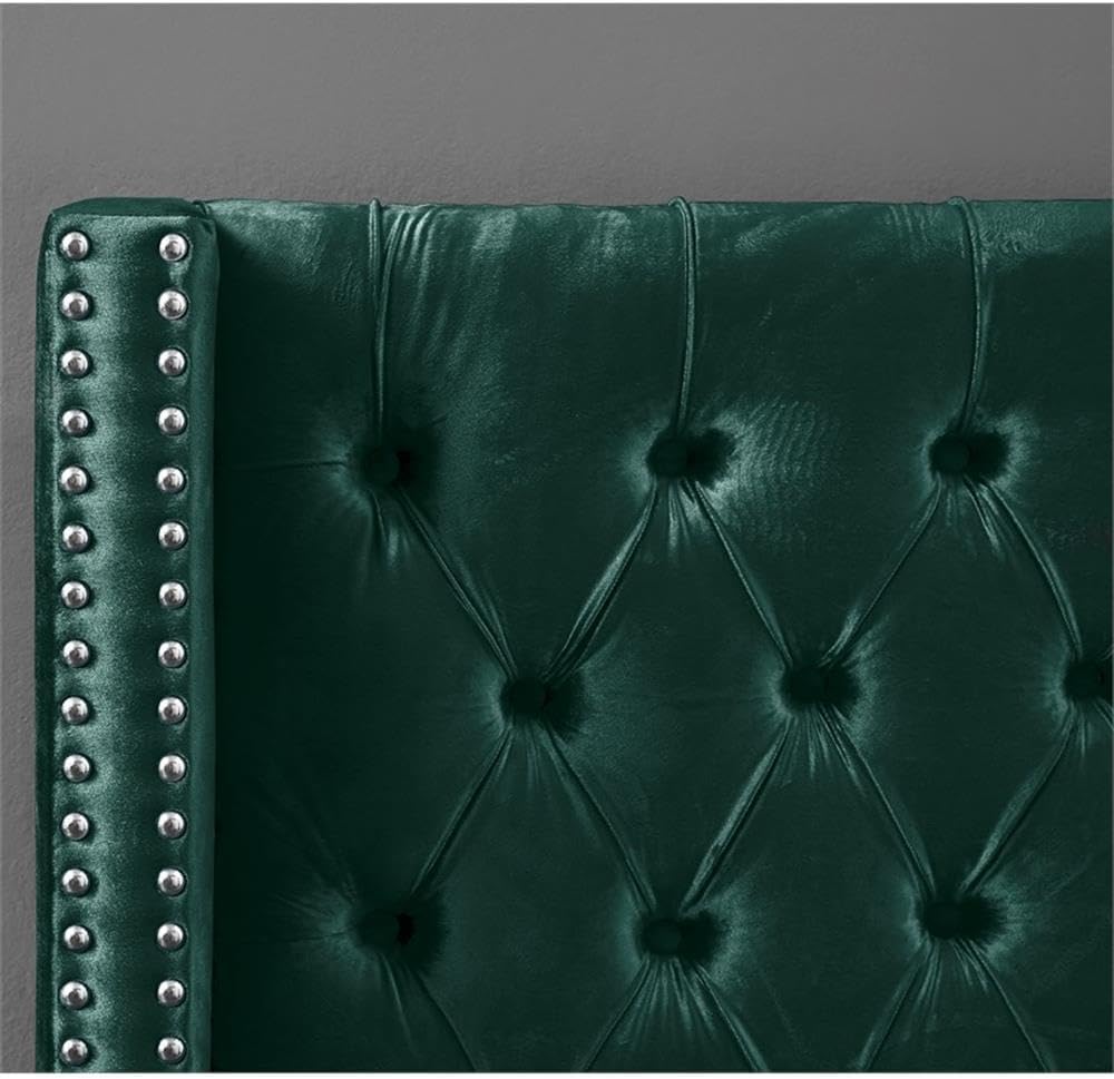 Meridian Furniture Aiden Collection Modern | Contemporary Velvet Upholstered Bed with Deep Button Tufting, Solid Wood Frame, and Custom Chrome Legs, Twin, Green