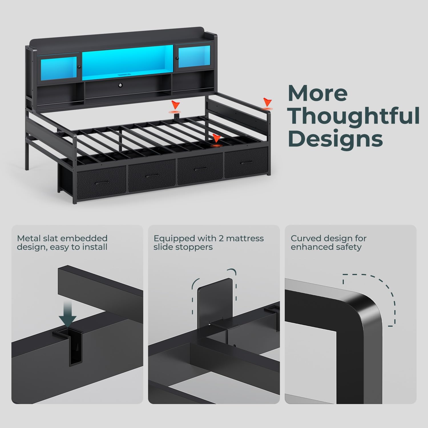BTHFST Twin Daybed with 4 Storage Drawers & 3-Tier Bookshelf, Day Bed with RGB LED Lights & Charging Station, Corner Bed Frame with Storage Headboard for Bedroom, Living Room, Guest Room, Black
