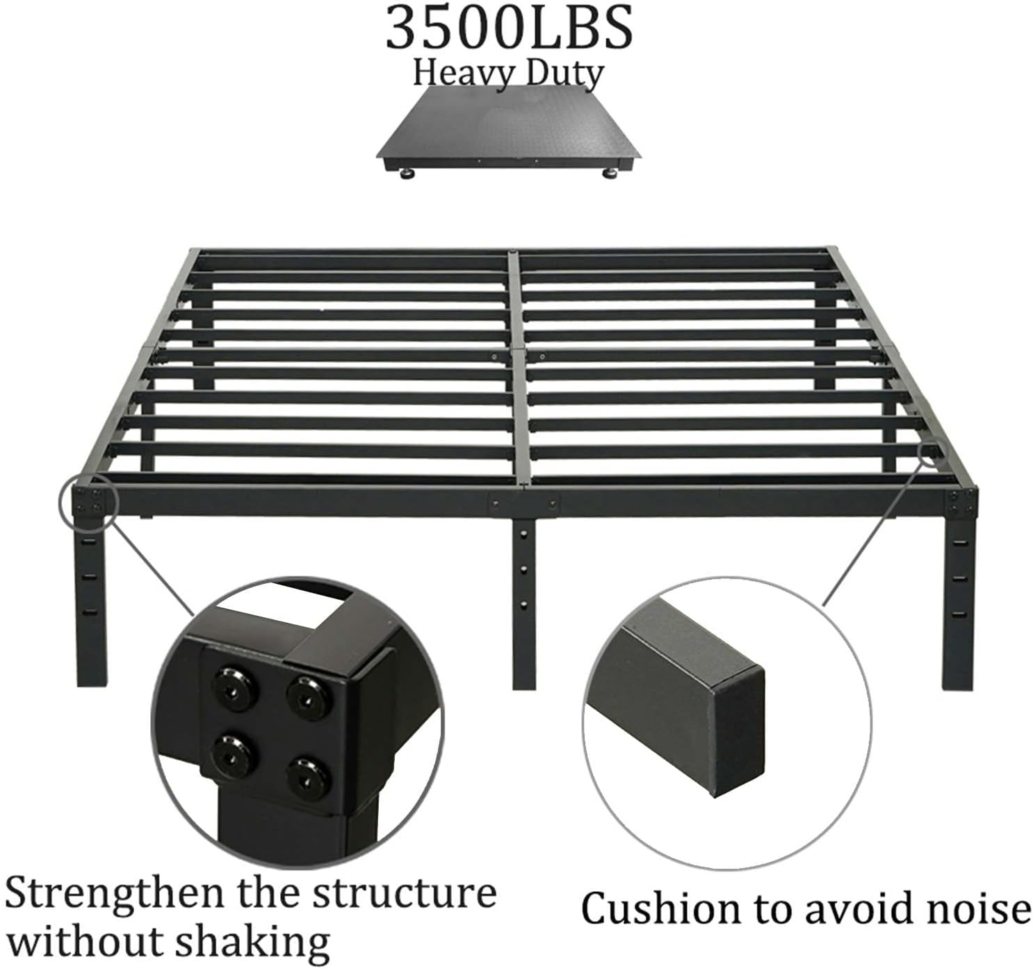 Wulanos Queen Size Bed Frame with Steel Slats Support, Sturdy and Durable, No Box Spring Needed, 16 Inch High 3500lbs Heavy Duty Metal Platform Frames with Storage, Noise-Free, Black