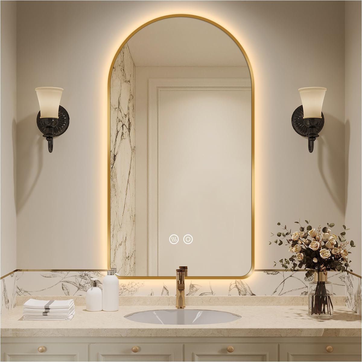 32'L x 20'W Arched LED Bathroom Mirror, Brushed Gold Frame, Backlit Vanity Mirror with Lights, Wall Mounted Lighted Mirror, Dimmable 3-Color Shatter-Proof Arch Smart Mirror, UL-Listed, CRI≥93