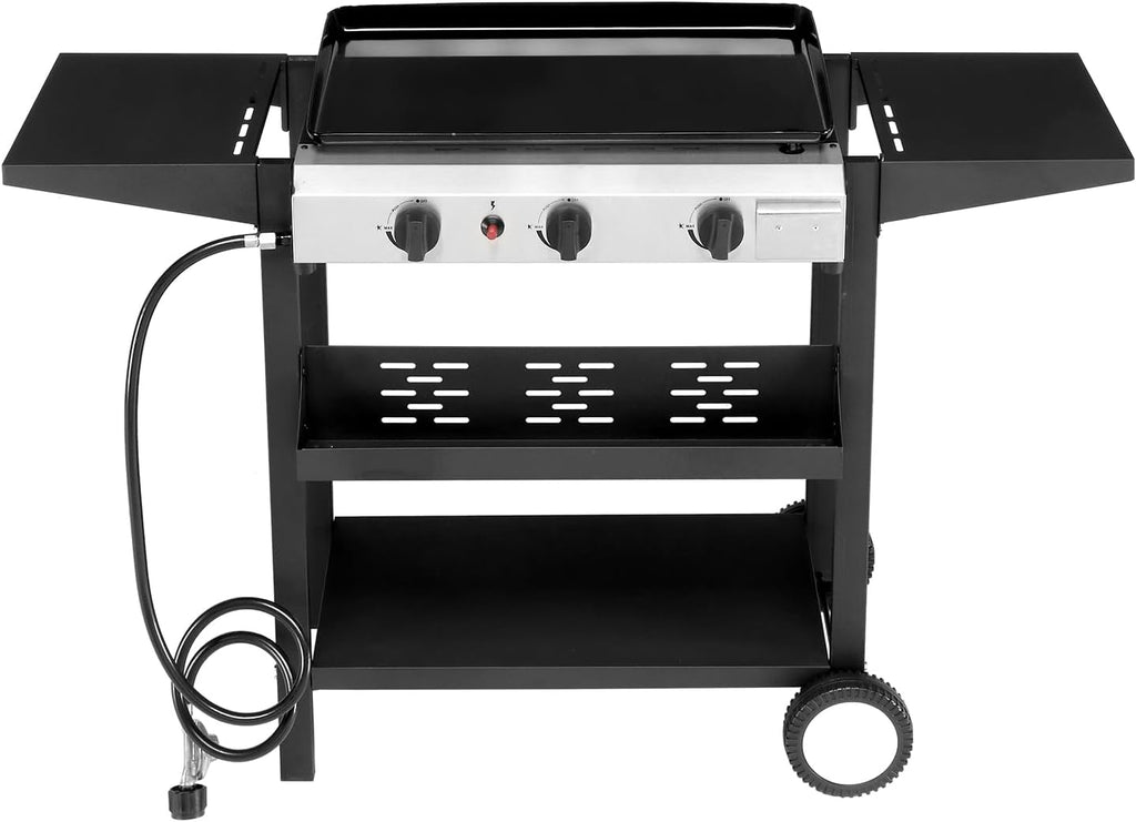 3-Burner Flat Top Gas Griddle Cooking Station with Ceramic Coated Cast Iron Pan, 30,000 BTU Propane Fuelled Griddle Station with Side Shelves & Spice Rack for Outdoor Barbecue Backyard Cookout