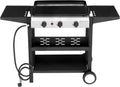 3-Burner Flat Top Gas Griddle Cooking Station with Ceramic Coated Cast Iron Pan, 30,000 BTU Propane Fuelled Griddle Station with Side Shelves & Spice Rack for Outdoor Barbecue Backyard Cookout