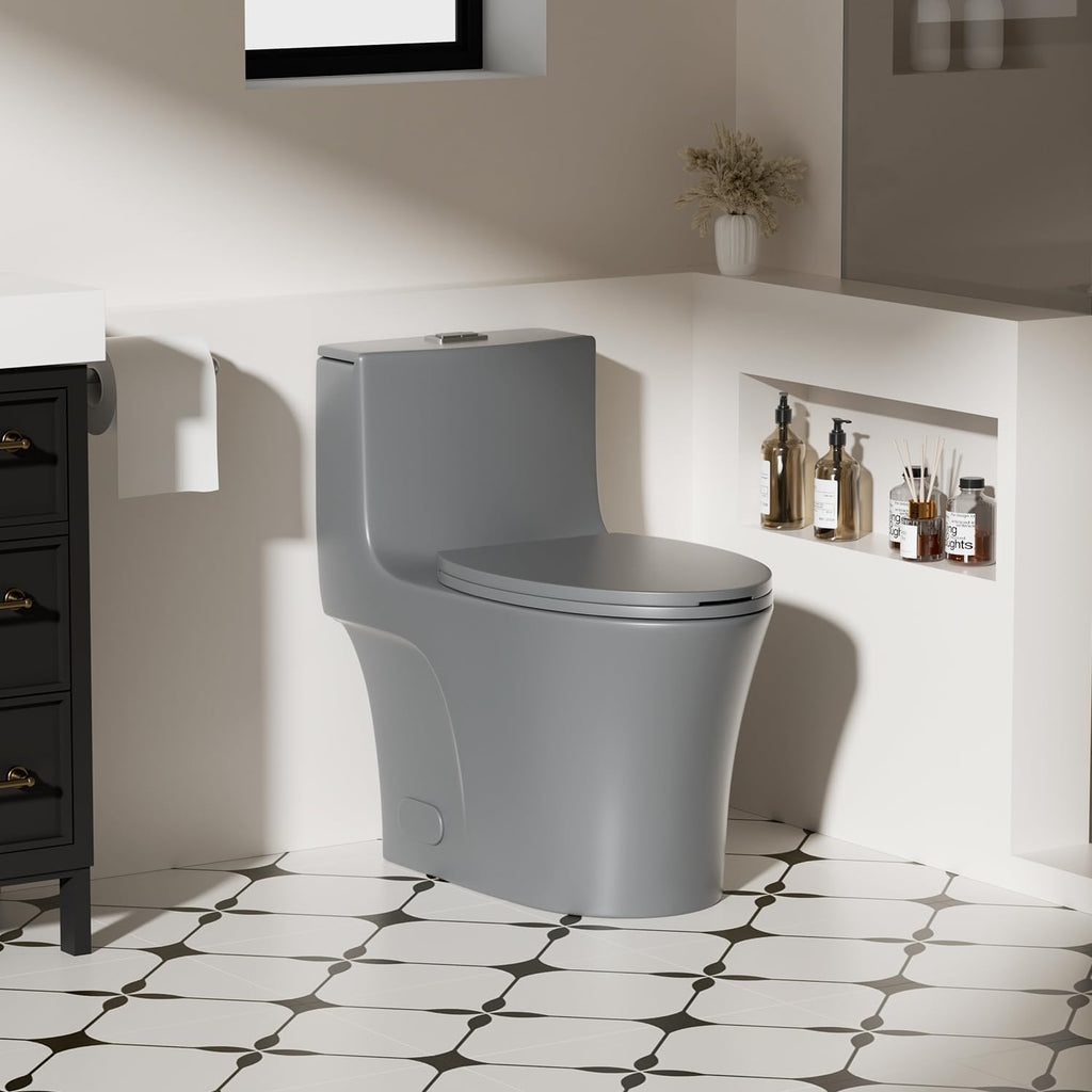 Elongated One Piece Toilet with ADA Comfort Height, Seat Chair Height 17.3' Modern Toilet for Bathroom, Dual Flush 0.8/1.6 GPF, MAP 1000g, 12' Rough-In, Soft Closing Seat, Light gray