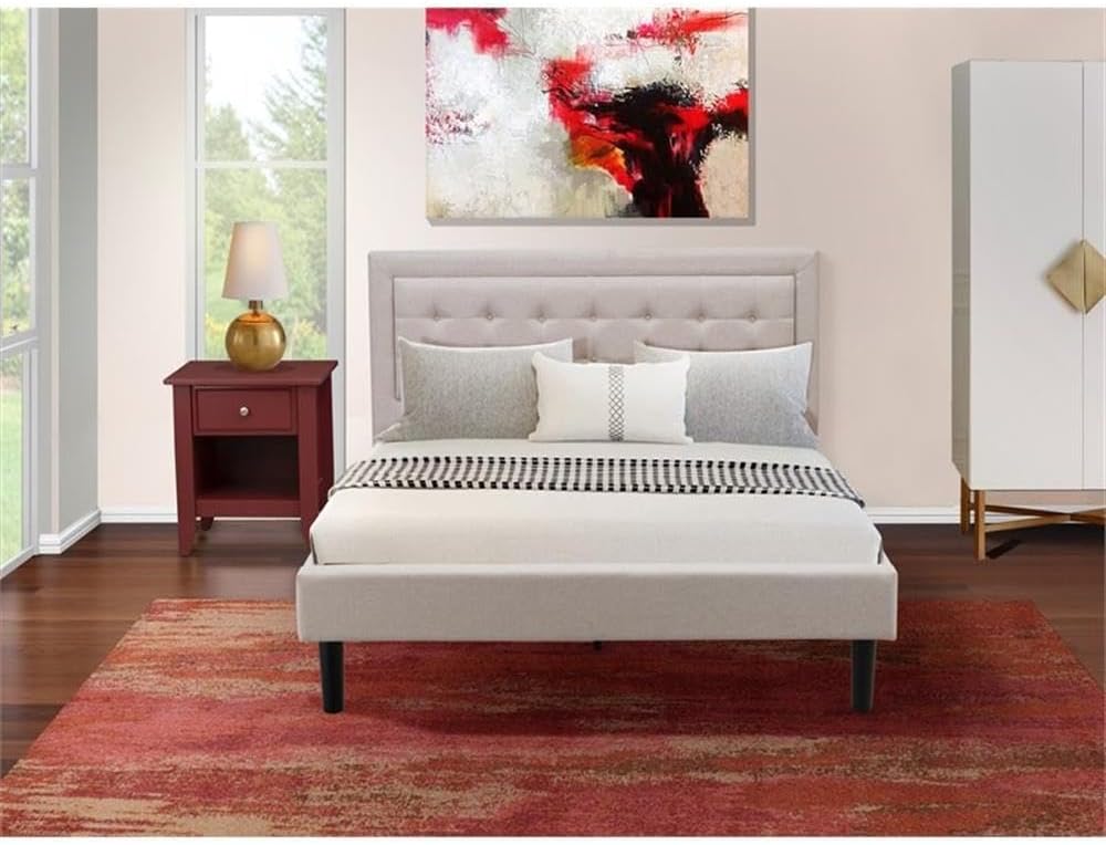 East West Furniture FN08Q-1GA13 2-Piece Fannin Bedroom Furniture Set with 1 Queen Bed and an End Table - Reliable and Sturdy Construction - Mist Beige Linen Fabric