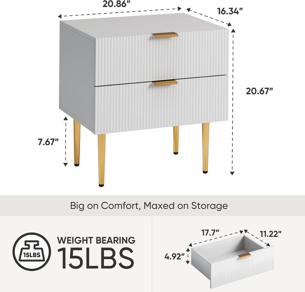 Smart FENDEE Set of 2 Nightstand, White Mid Century Modern Night Stand with Fluted Panel, Bedside Table with 2 Drawer, Large NightStand with Gold Leg for Bedroom