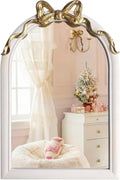 36x24 Arched White Bow Wall Mirror with Gold Ribbon, Vintage Vanity Mirror for Bedroom & Nursery Decor, Cute Coquette Aesthetic Engineered Wood Frame, Shabby Chic Style