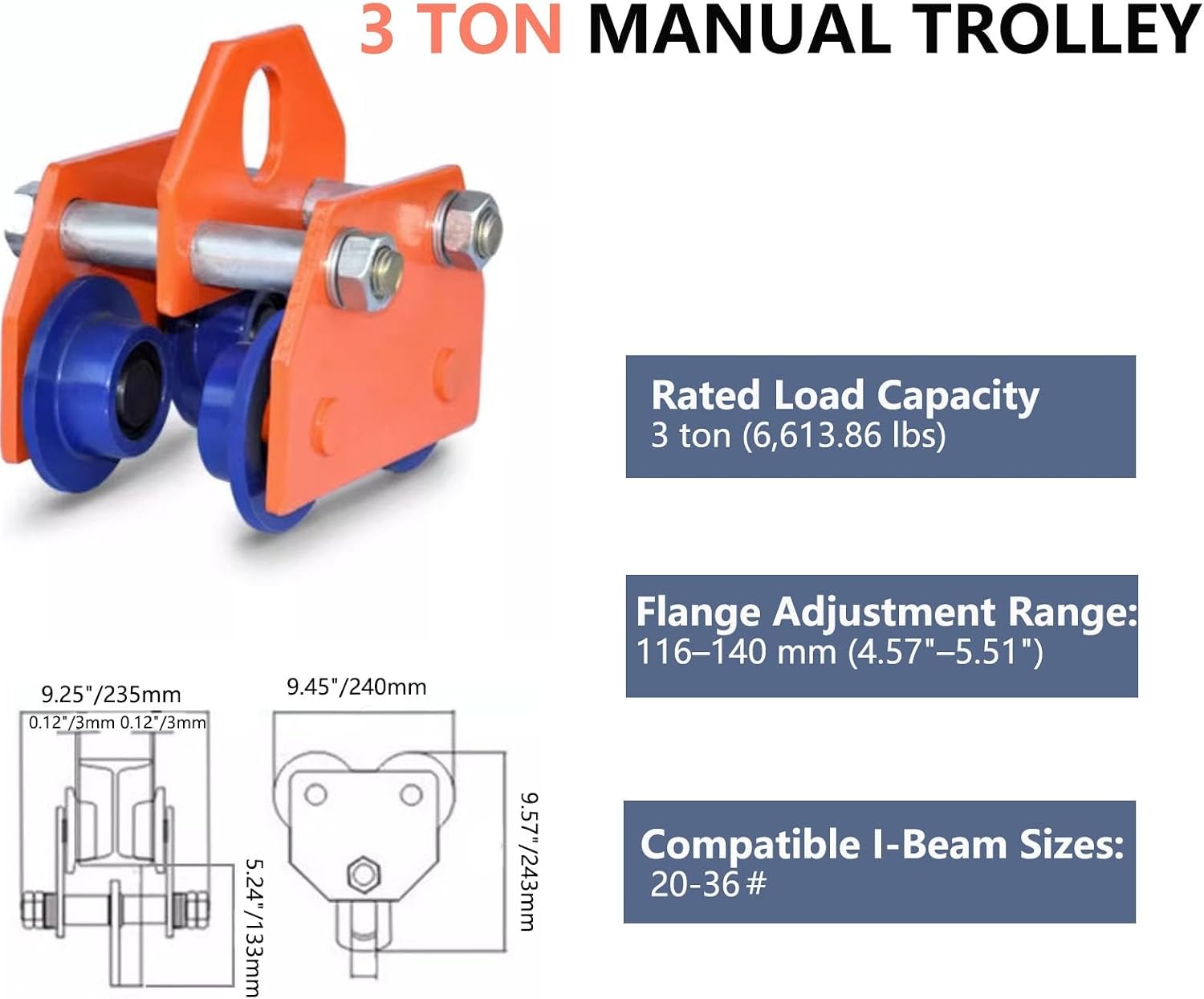 1-3 Tons | 2200-6600 Lb Capacity,manual Hand Truck,steel Push Beam Hand Truck,adjustable Flange Width 2.7 Inches - 5.5 Inches,suitable For Garages,warehouses,construction Sites(3ton/6600lbs)