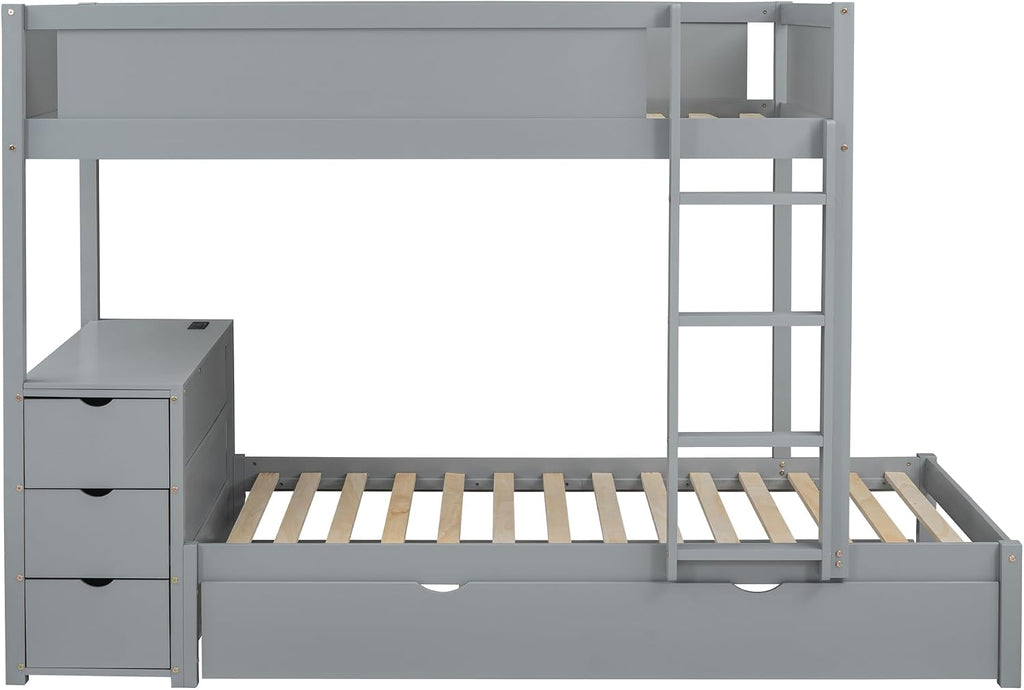 Ball & Cast Twin-Over-Twin Bunk Bed with Twin Size Trundle,Solid Wood Bedframe W/Desk & Drawers,USB,Space Saving,Easy Assembly,Multifunctional Bedroom Furniture Set for Boys Girls Teens,Gray