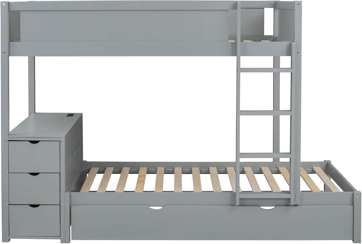 Ball & Cast Twin-Over-Twin Bunk Bed with Twin Size Trundle,Solid Wood Bedframe W/Desk & Drawers,USB,Space Saving,Easy Assembly,Multifunctional Bedroom Furniture Set for Boys Girls Teens,Gray