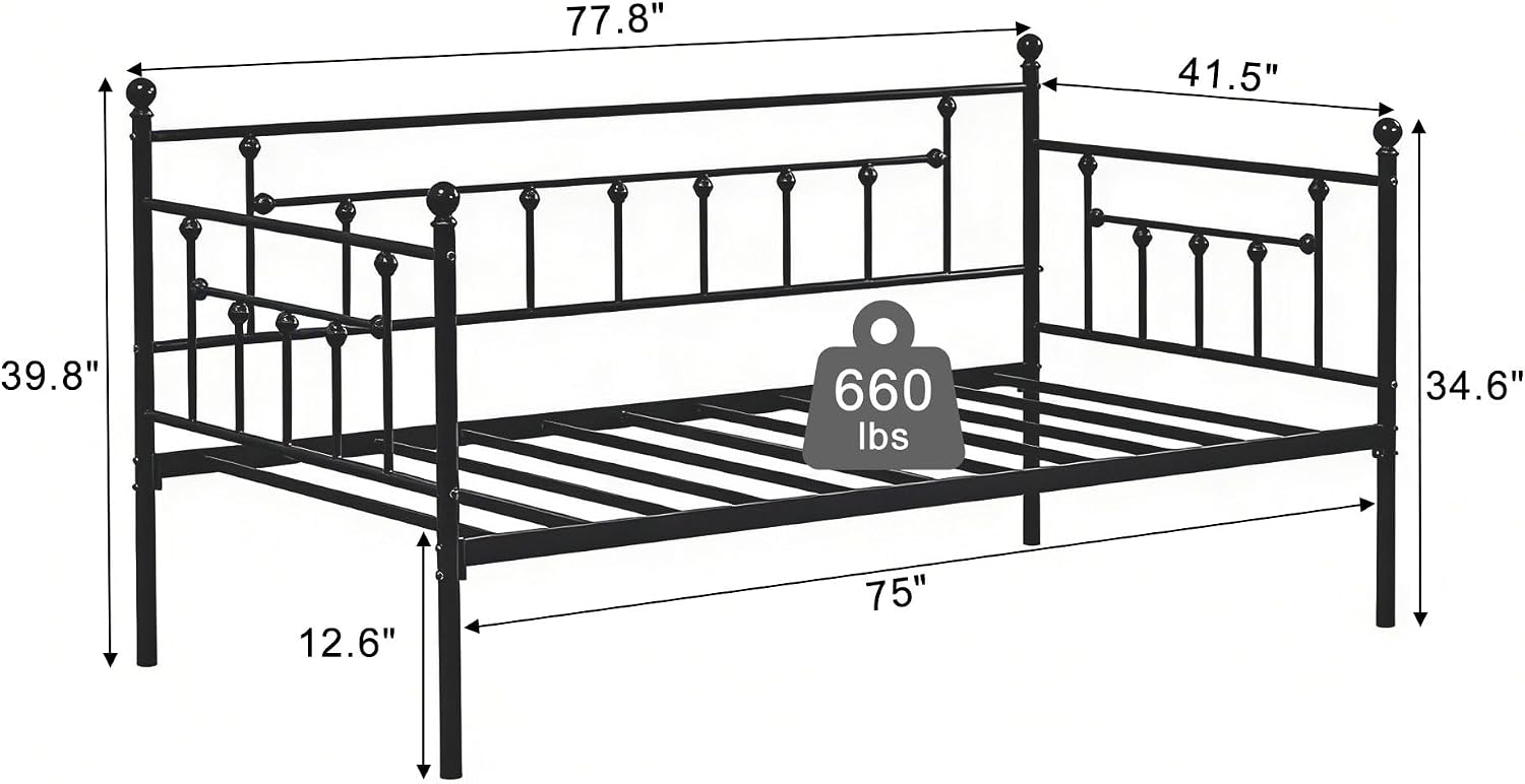 VECELO Daybed Frame, Twin Size Metal Platform Bed with Headboard,Heavy Duty Steel Slats Support for Living Room Bedroom Guest Room, Easy Assembly