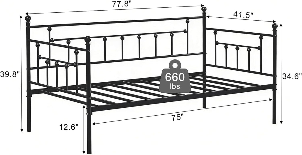 VECELO Daybed Frame, Twin Size Metal Platform Bed with Headboard,Heavy Duty Steel Slats Support for Living Room Bedroom Guest Room, Easy Assembly