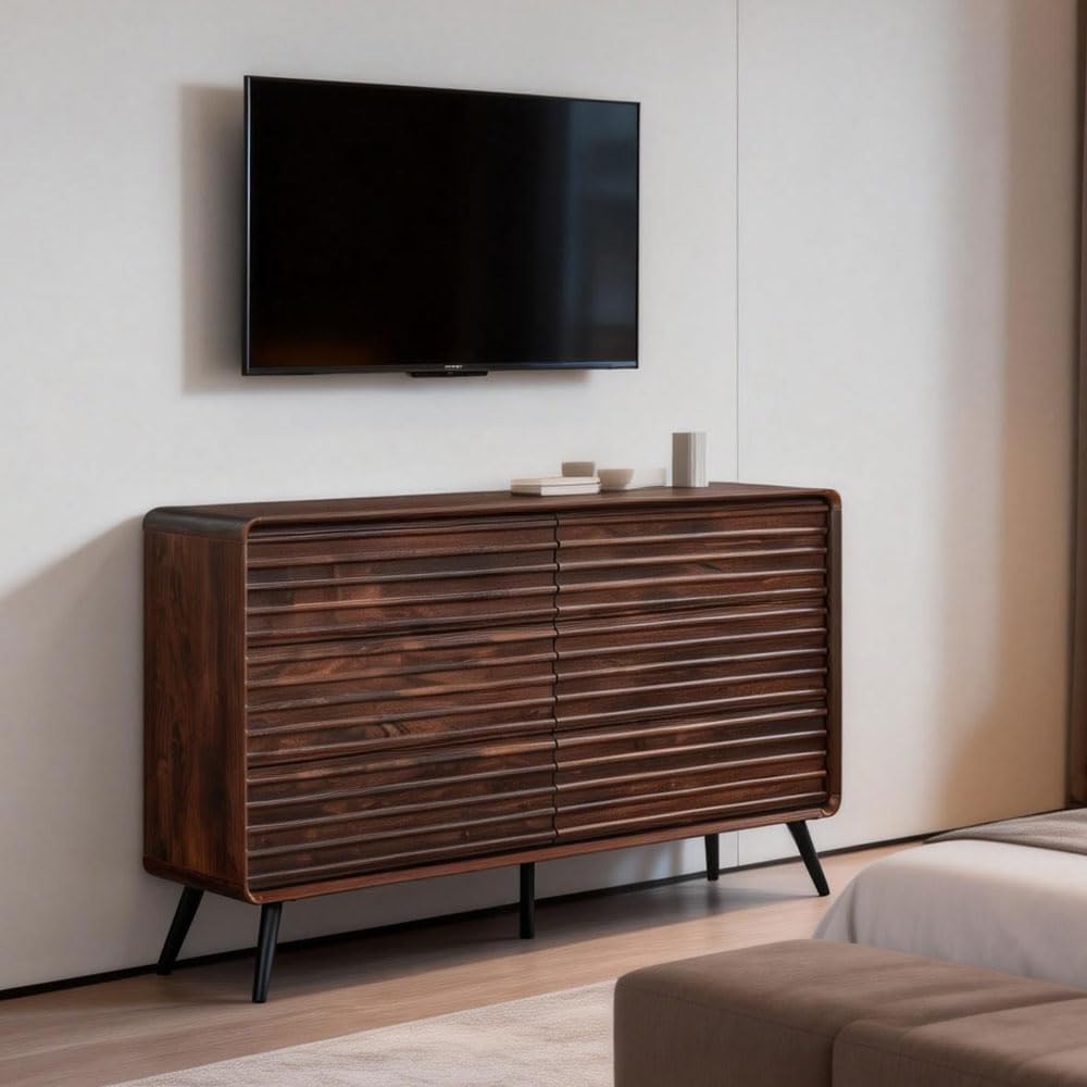 RedLemon 6 Drawers Dresser for Bedroom, 54'' Wide Mid Century Modern Wood Fluted Double Dresser, Chest of Drawers with Tapered Leg for Bedroom, Living Room, Hallway, Closet, Dark Walnut