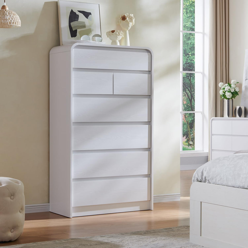 Aitjunz Modern 7 Drawers Dresser for Bedroom, 55' Tall Dressers & Chest of Drawers w/Curved Profile Design, Wood Mid Century Vertical Storage Dressers Organizer for Bedroom, Living Room, White
