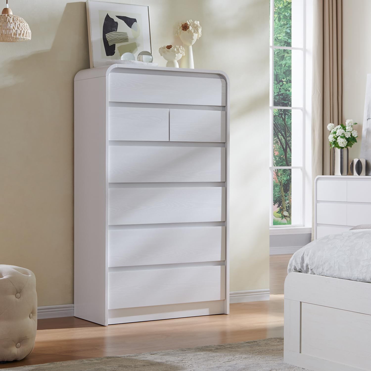 Aitjunz Modern 7 Drawers Dresser for Bedroom, 55' Tall Dressers & Chest of Drawers w/Curved Profile Design, Wood Mid Century Vertical Storage Dressers Organizer for Bedroom, Living Room, White