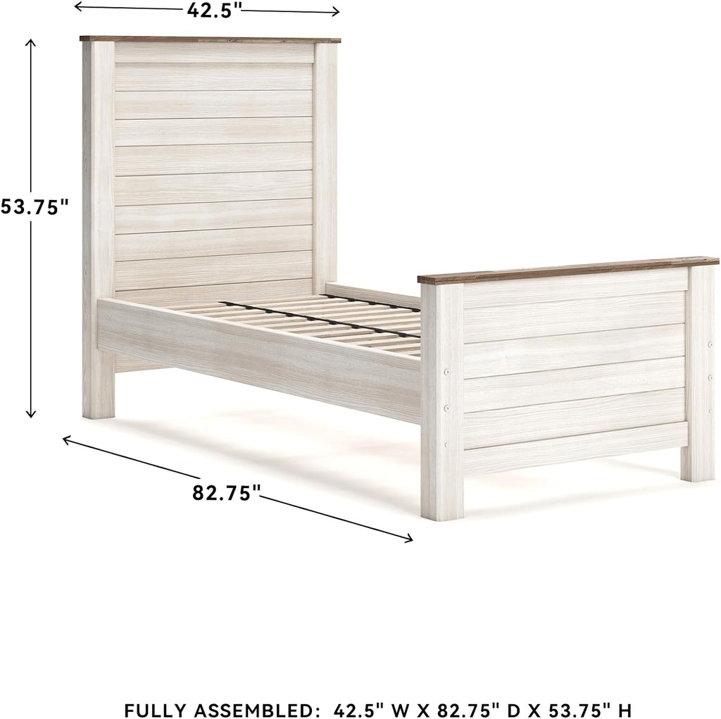 Signature Design by Ashley Willowton Casual Twin Panel Bed with Metal Slats, Foundation or Box Spring Needed, Whitewash
