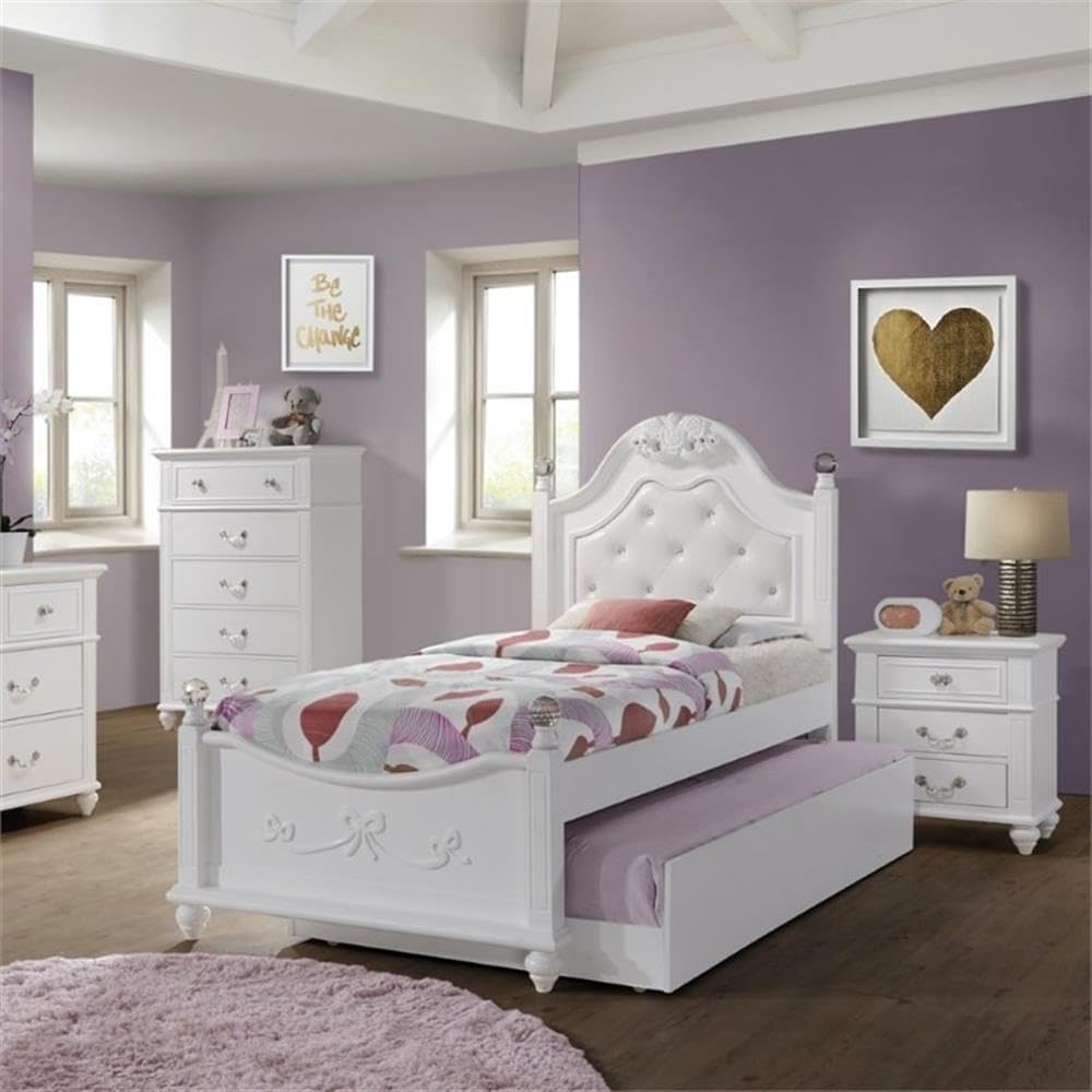 Pemberly Row Contemporary 3 Piece Twin Bedroom Set, Solid Rubber Wood and Engineered Wood with Okume Veneer, White Faux Leather Headboard, Crystal Accents, Button Tufting, White Finish for Bedroom Use