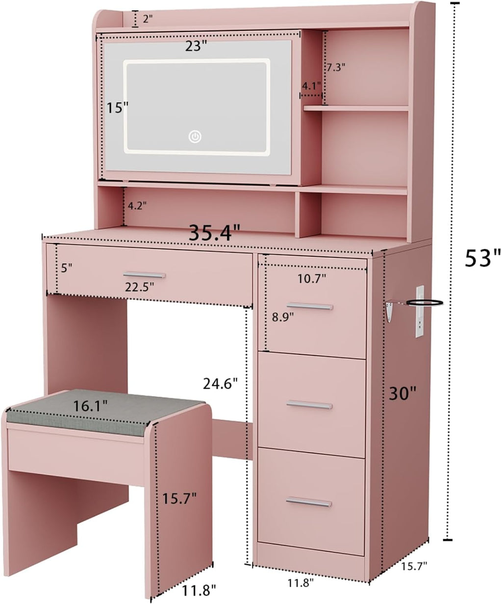 Viaozutis Vanity Desk with a Mirror and Lights，with Chair and Four Drawers, Three Adjustable Lighting Modes，with Power Outlet and Sliding LED Mirror,Bedroom Vanity Desk (Pink)