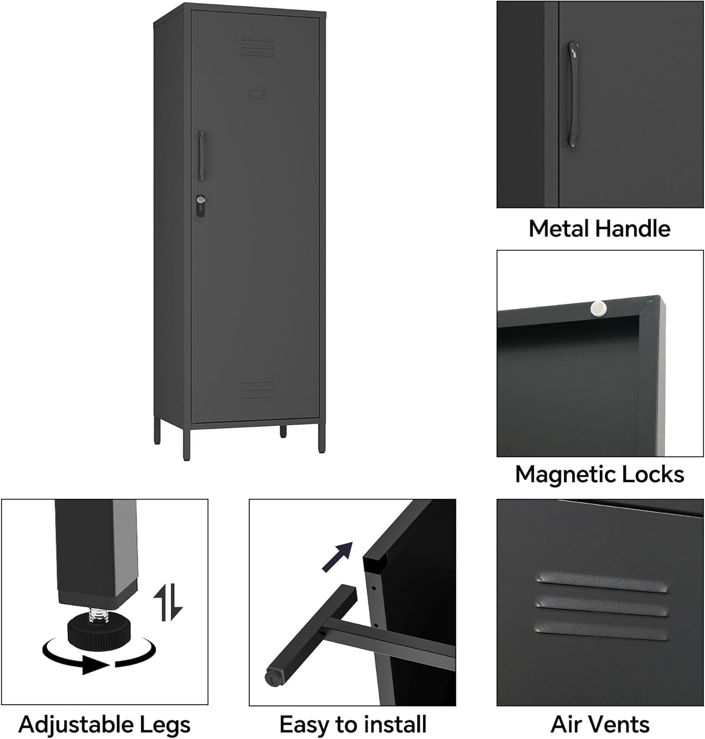 MIOCASA Metal Storage Locker with Digital Lock Steel File Cabinet with 3 Shelves 59.06-inch high for School, Bedroom, Home Office, Gym and Changing Room (Black)