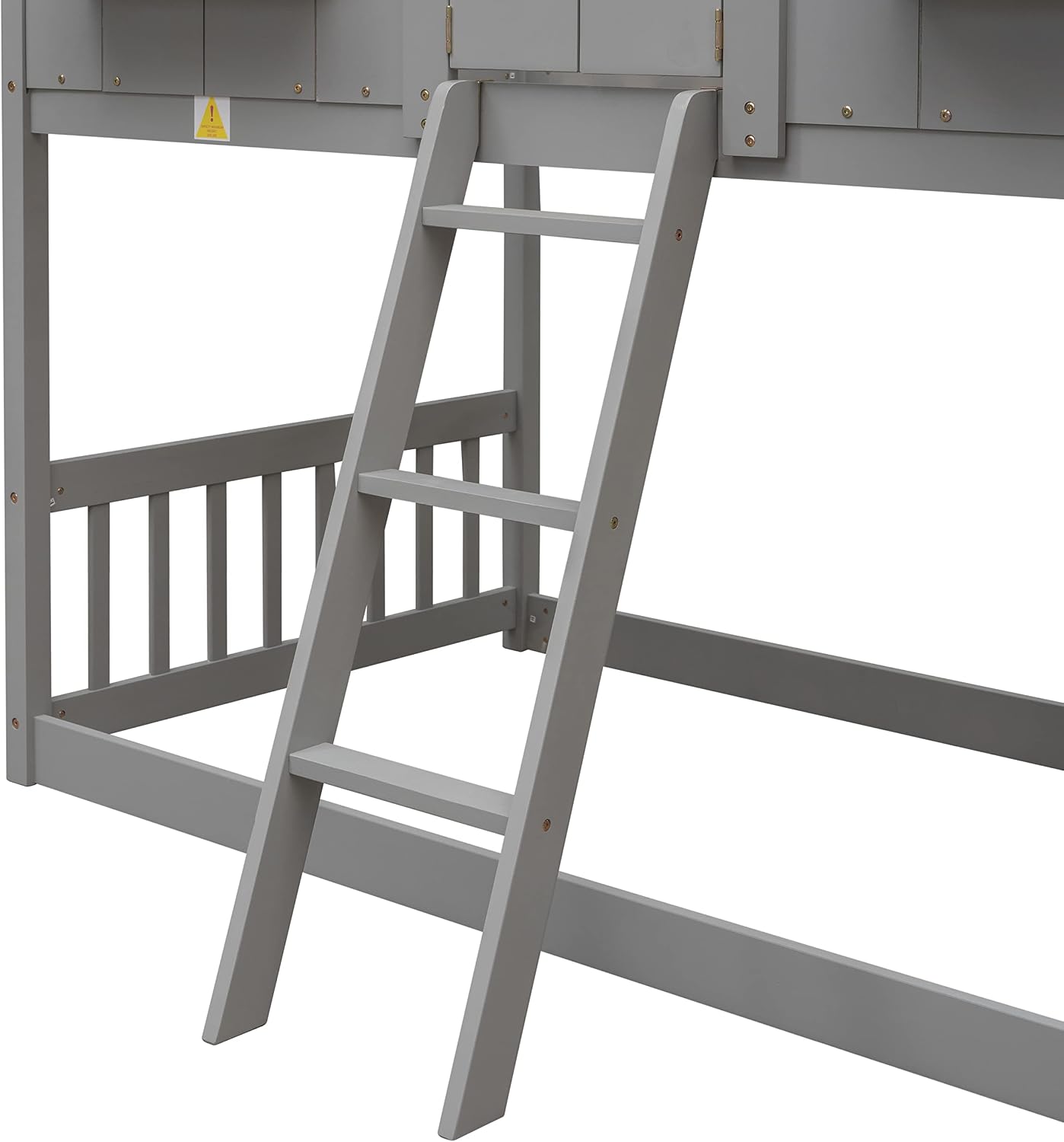 Polibi House Bunk Bed, Twin Over Twin with Roof, Window & Door, 2 Small Window Box Shelves,Safety Guardrails & Ladder, Low-Height Kids Playhouse Bed,Grey