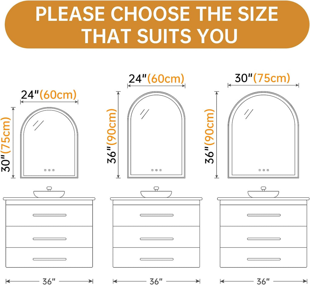 24'x36' Arched LED Mirror for Bathroom, Brushed Gold Lighted Bathroom Mirror with Lights, Fogless, Dimmable, Shatterproof, Touch Sensor, 3 Color Changing