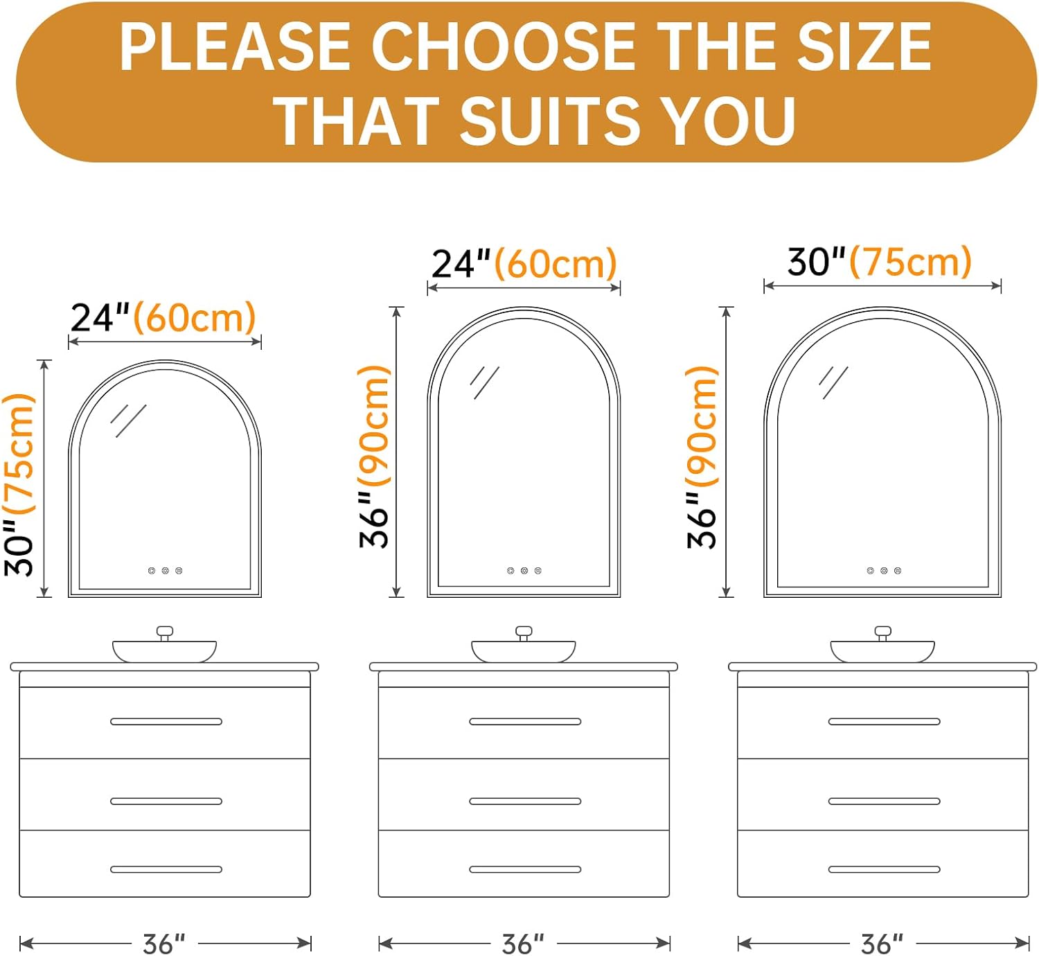 30'x36' Arched LED Mirror for Bathroom, Brushed Gold Lighted Bathroom Mirror with Lights, Fogless, Dimmable, Shatterproof, Touch Sensor, 3 Color Changing