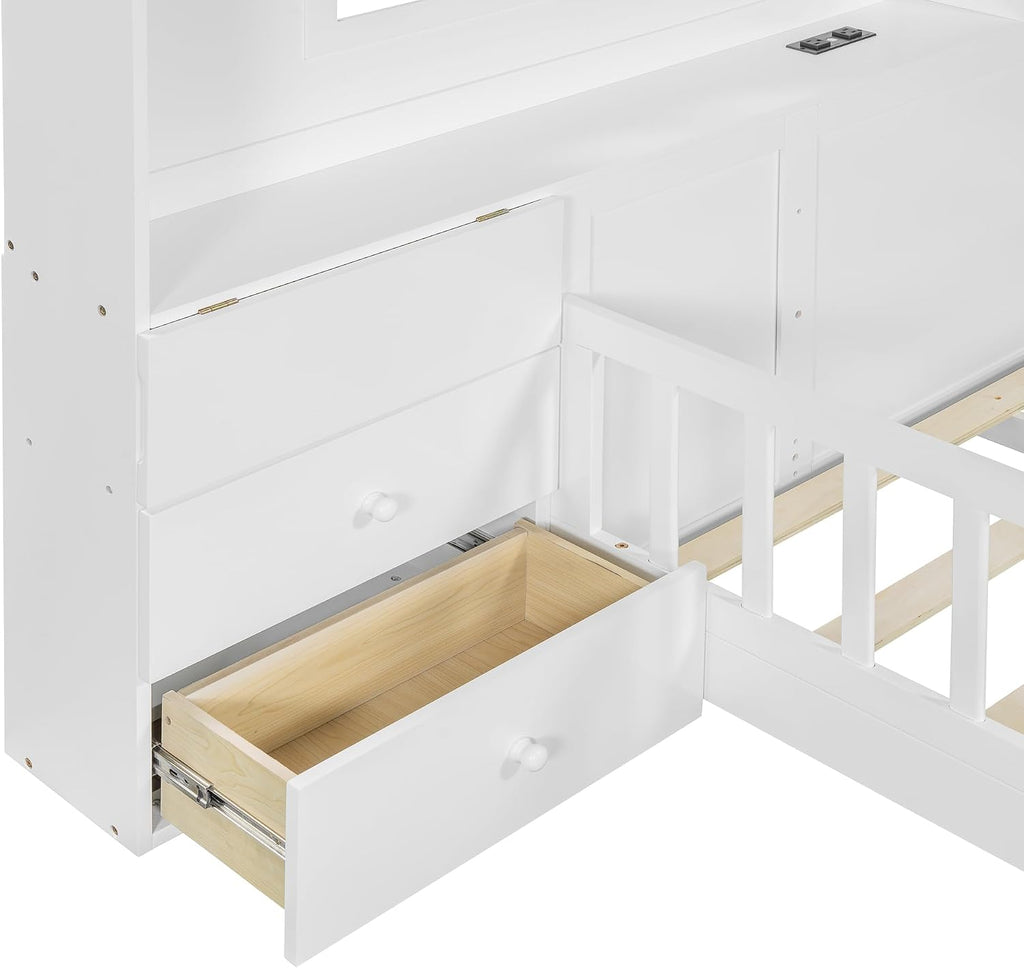 VilroCaz Full Size Kids Floor Bed with Safety Fence, Solid Wood Montessori Platform Bed with House Shape Headboard with Bedside Drawers, Shelves, Sockets and USB Port for Kids Boys Girls (White-LF)