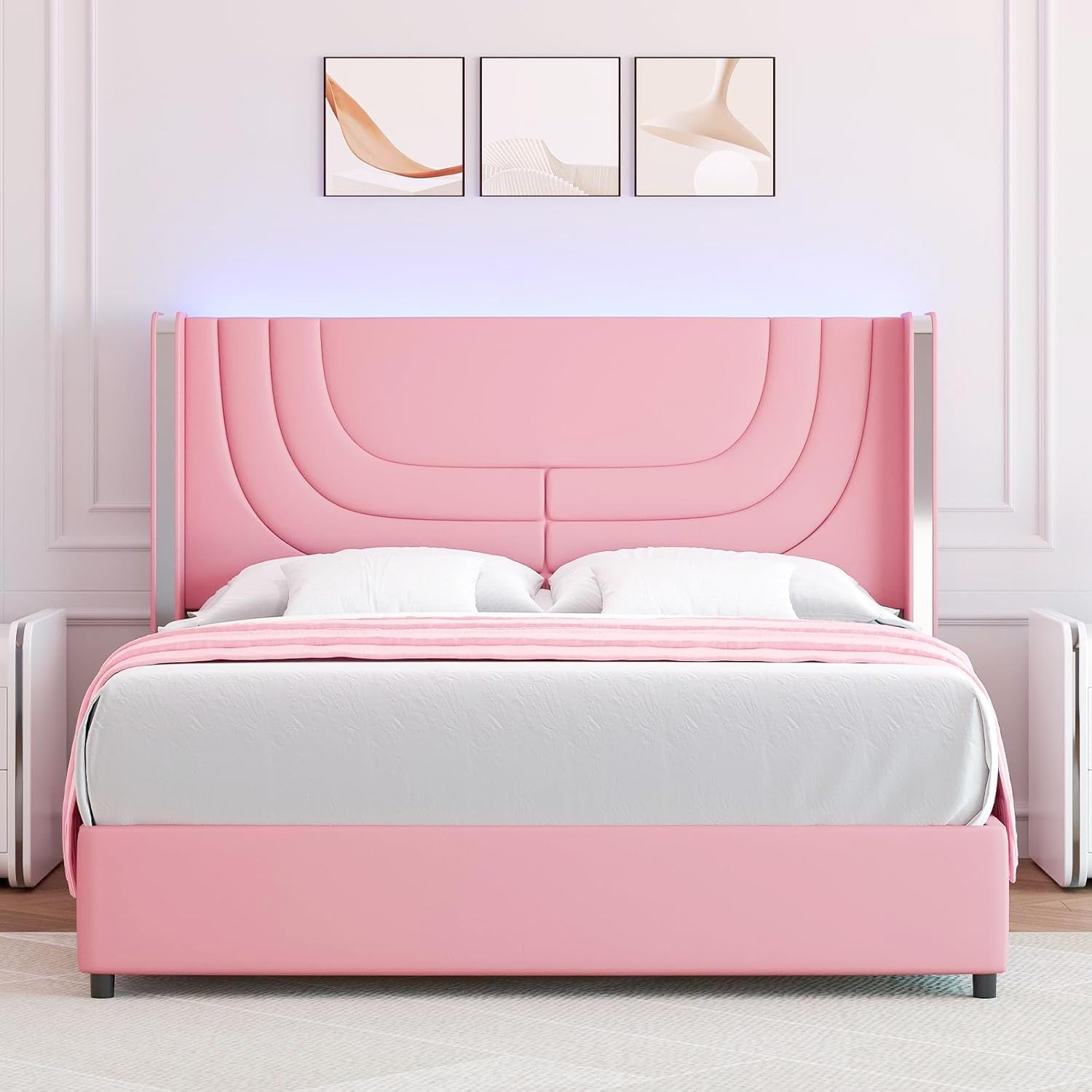 REVOMINCA Pink Full Size Bed Frame with LED Lights, Faux Leather Upholstered Platform with Silver Wingback Headboard, Modern Style, No Box Spring Needed, Easy Assembly