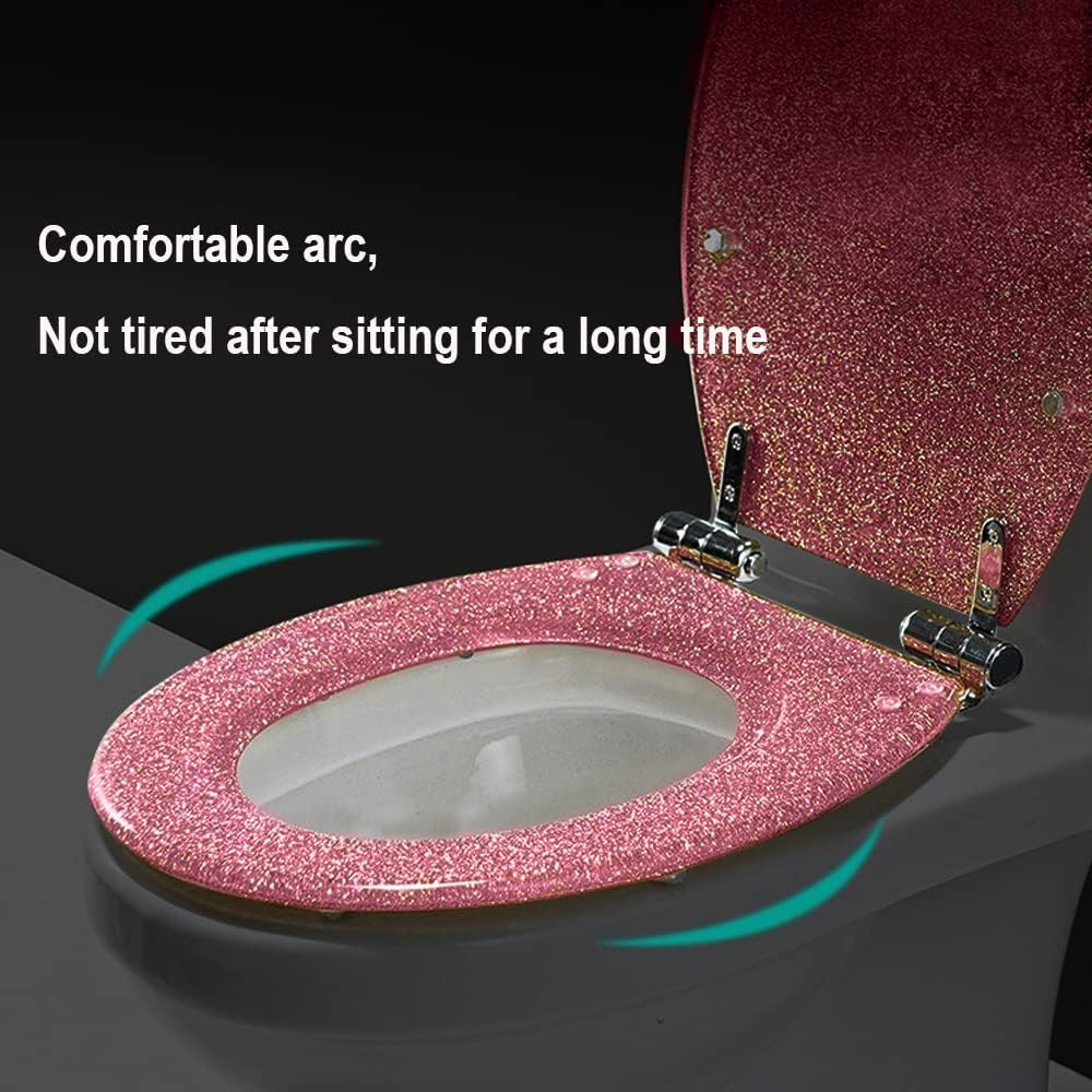 Toilet Seat Resin Glitter Toilet Seat, Sparkle Toilet Seat Cover Round Oval, Easy Installation and Cleaning, Soft Close Toilet Seat (Pink)
