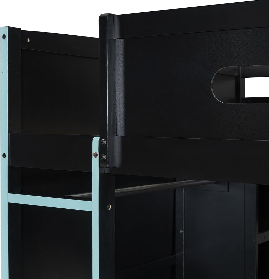 Ball & Cast Full Size Gaming Bed with Desk and Wardrobe,Wood Gamer Bed Frame w/Ample Storage Space & RGB Light,Full-Length Guardrails,USB Port,Ladder,Bedroom Furniture for Student Dorms,Cloud Blue