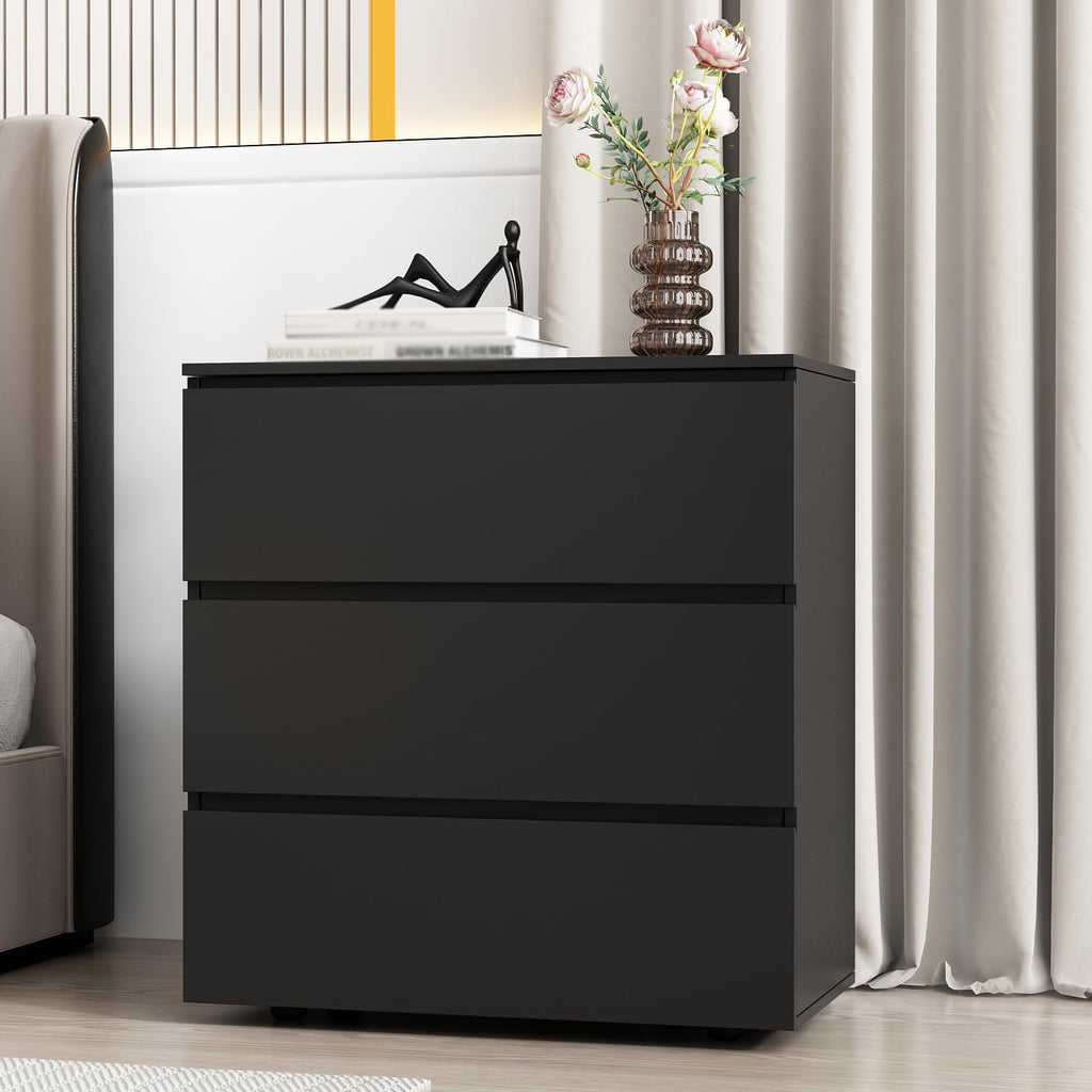 Nightstand with 3 Drawers, Modern Bedroom End Table with No Handle, Wooden Bedside Storage Cabinet, Black 30.3' W x 32.3' H