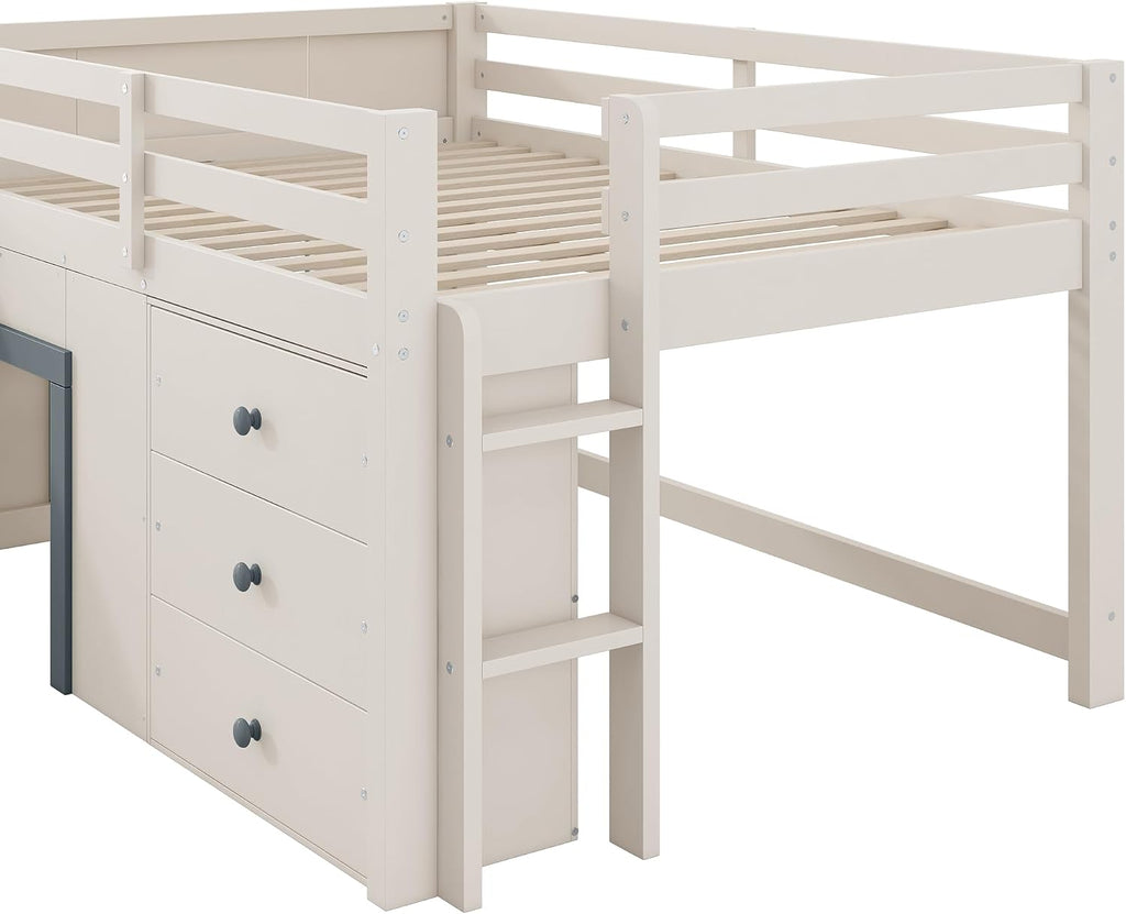 Harper & Bright Designs Low Loft Bed Full Size with Slide and Drawers for Saving Spcae, Wood Loft Bed Frame with Storage, Beige+Grey