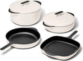 Caraway 8-Piece Enameled Cast Iron Set - 10.5' Skillet, Grill Pan, 3.5 qt Braiser Pan, 6.5 qt Dutch Oven with Lid and Organizers - Non-Toxic 3-Layer Enamel Coating - No Seasoning Required - Cream