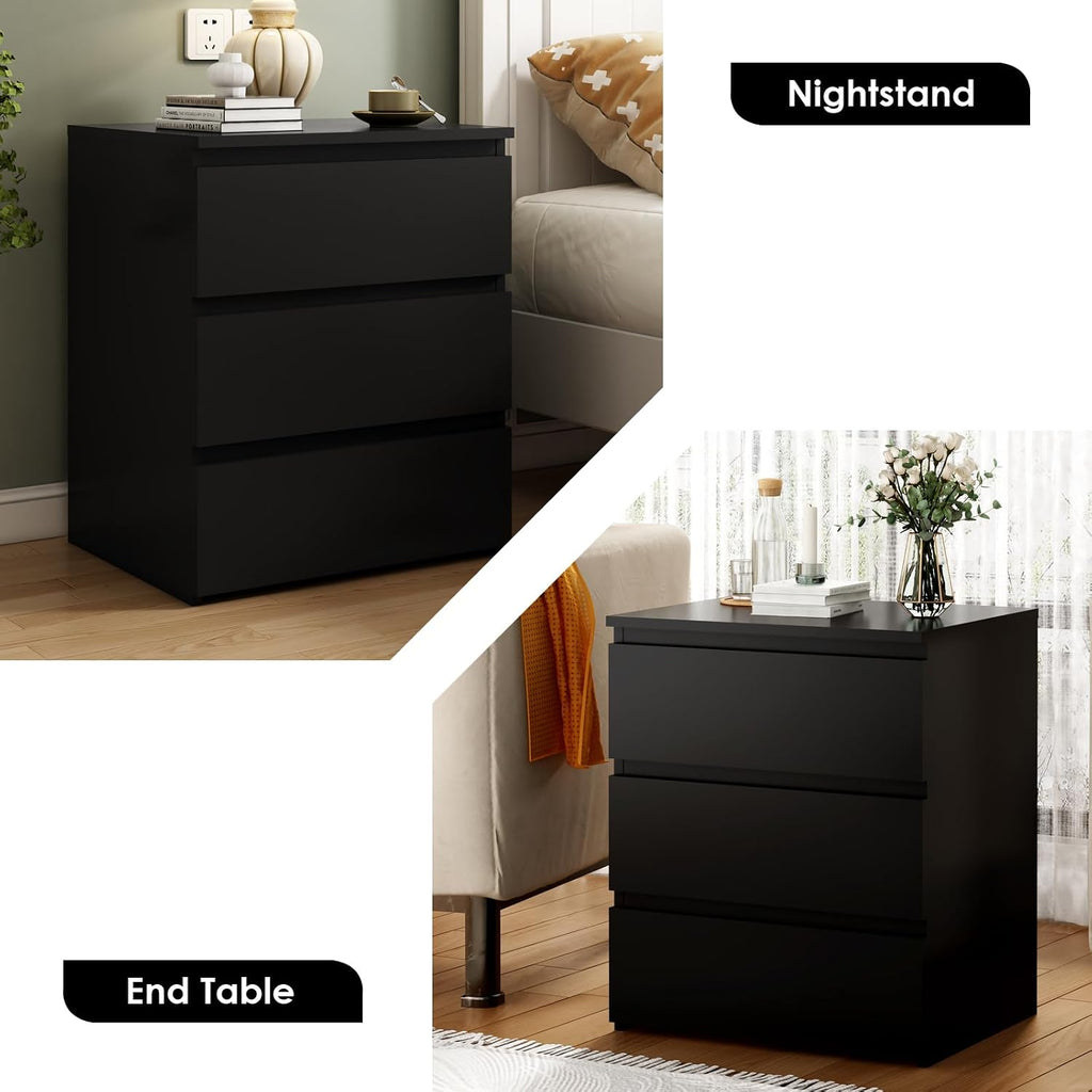 3 Drawer Nightstand & Side Storage Table, Minimalist Modern Black Bedside End Tables with Ample Storage, Versatile Wooden Chest of Drawers for Bedroom, Living Room, Offices (Set of 2)