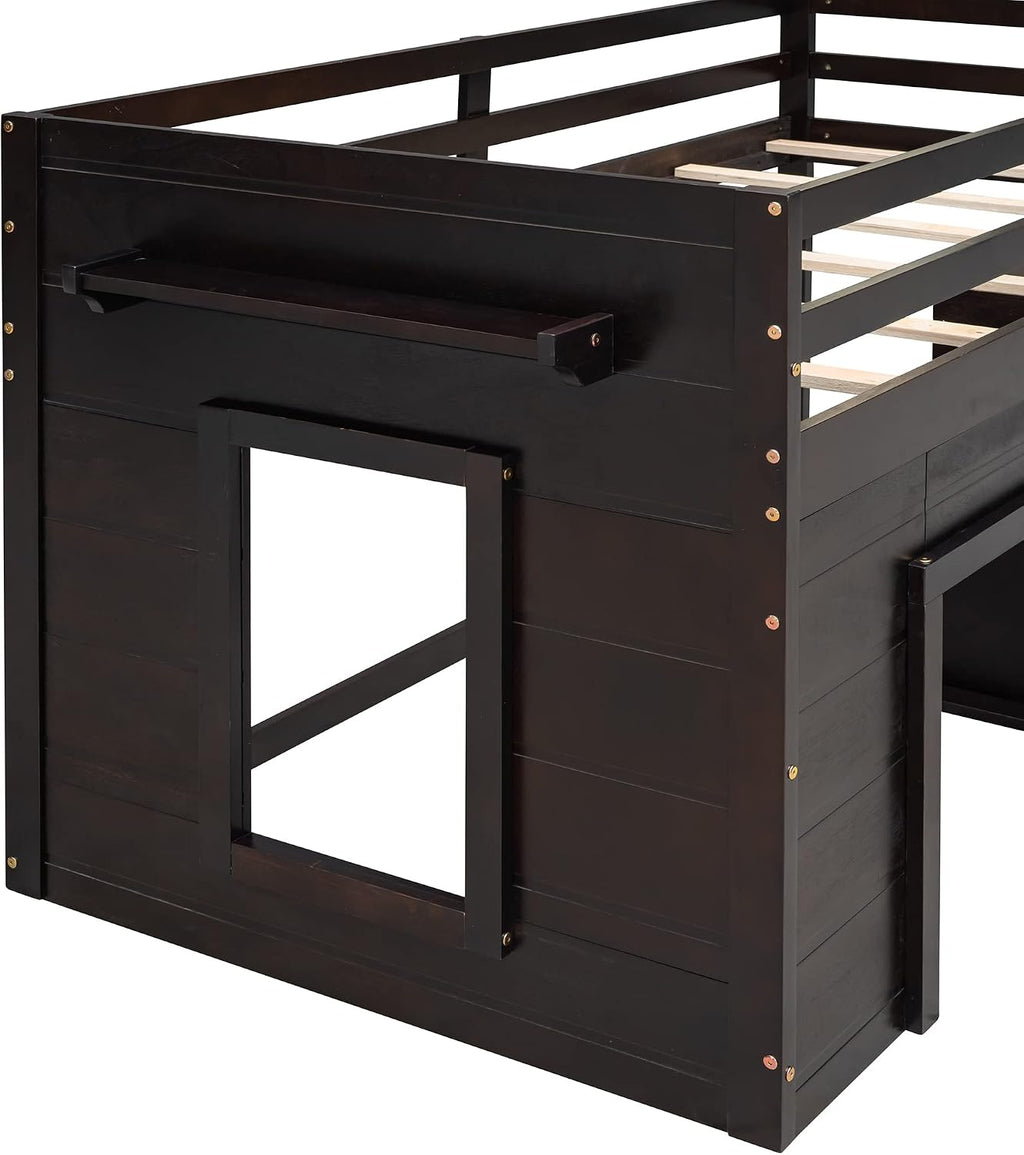 Ball & Cast Twin Size Low Loft Bed with Safety Guardrail & Stair,Wooden Bedframe W/Cabinet & Shelf,Solid Construction,No Spring Box Needed,Furniture Set for Boys Girls Keens Study Bedroom,Espresso