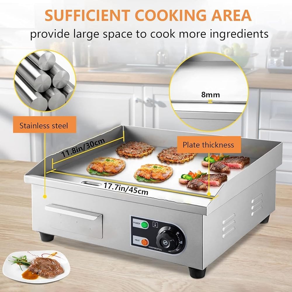 Commercial Electric Griddle, 17' Teppanyaki Grill, 2500W Electric Flat Top Grill, Stainless Steel Electric Countertop Griddle, 50-300℃ Countertop Griddle for Pancake, Chicken