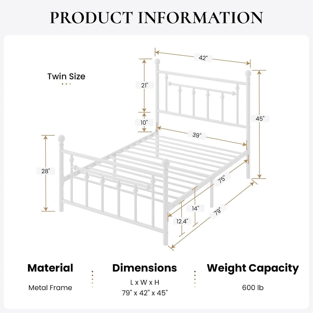 SHA CERLIN 14' Twin Size Metal Platform Bed Frame/Victorian Headboard and Footboard/Steel Slats Mattress Foundation for Storage/No Box Spring Needed/Noise Free/White