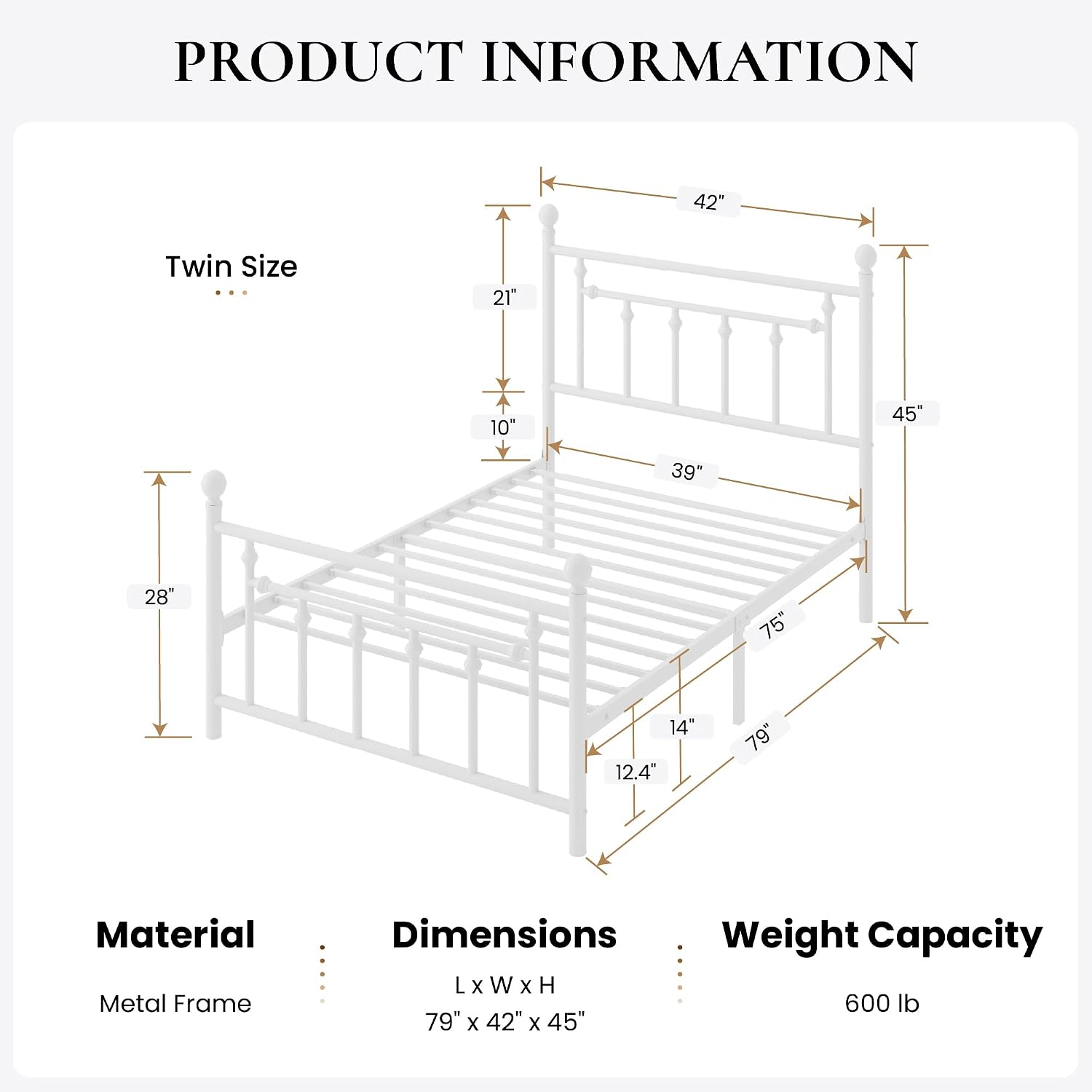SHA CERLIN 14' Twin Size Metal Platform Bed Frame/Victorian Headboard and Footboard/Steel Slats Mattress Foundation for Storage/No Box Spring Needed/Noise Free/White