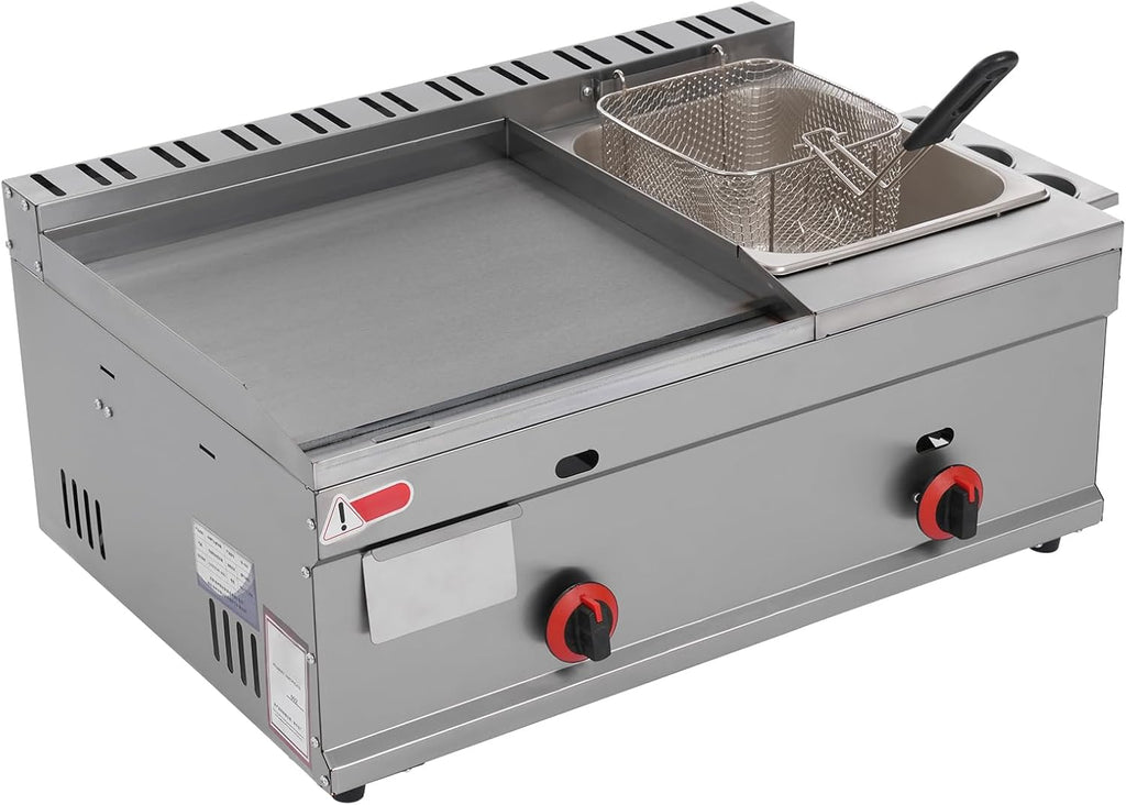 Commercial Flat Top Countertop Gas Griddle, 2.64 Gal 2-in-1 Stainless Steel BBQ Hot Plate Grill and Deep Fryer with Oil Draining Basket for Restaurants, Kitchen, Fast Food Shops, Snack Bars