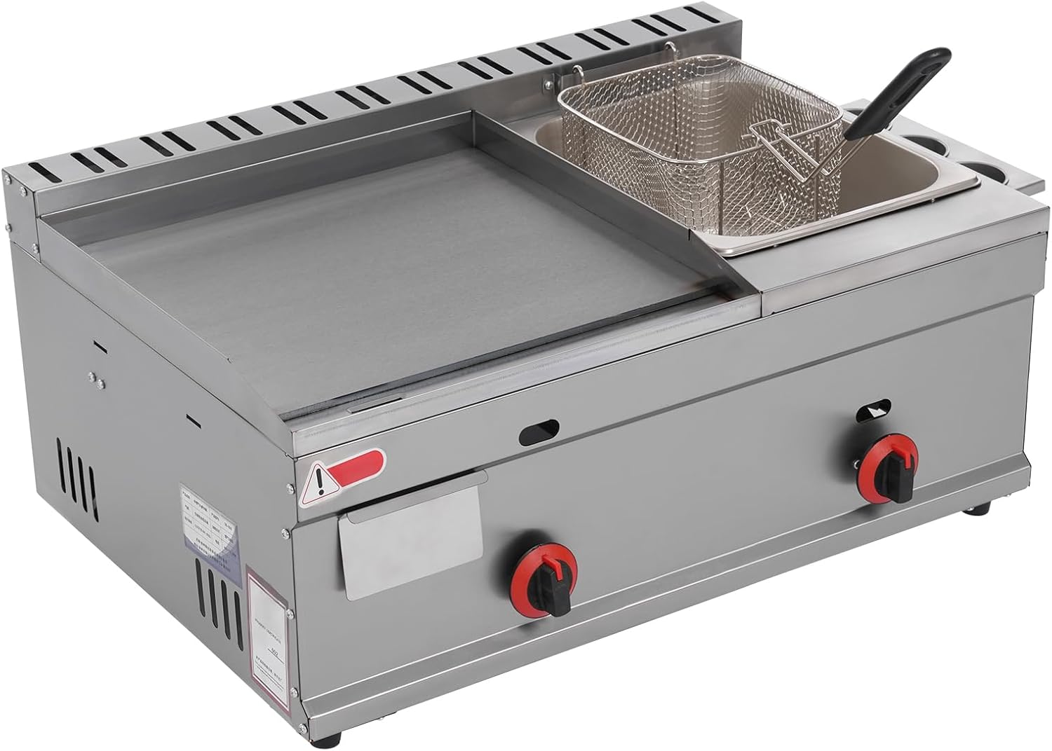 Commercial Flat Top Countertop Gas Griddle, 2.64 Gal 2-in-1 Stainless Steel BBQ Hot Plate Grill and Deep Fryer with Oil Draining Basket for Restaurants, Kitchen, Fast Food Shops, Snack Bars