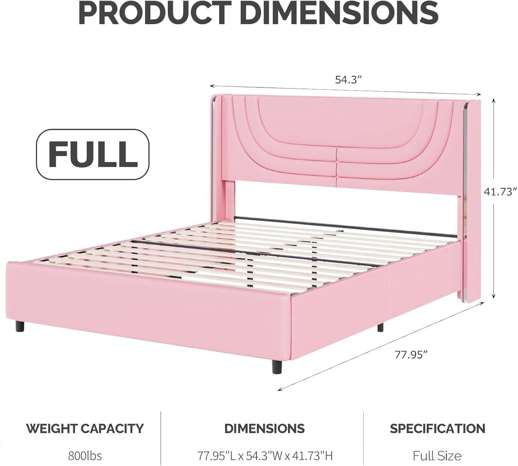 REVOMINCA Pink Full Size Bed Frame with LED Lights, Faux Leather Upholstered Platform with Silver Wingback Headboard, Modern Style, No Box Spring Needed, Easy Assembly